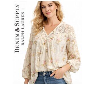 Denim & Supply Ralph Lauren Floral Lace Yoke Tassel Boho Blouse Cream L